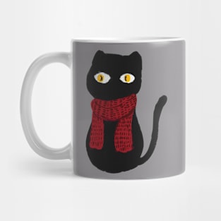 Black cat and red scarf on Christmas day Mug